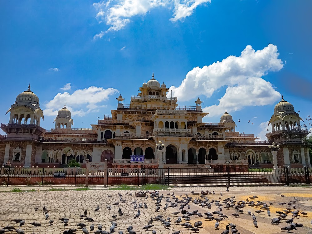 Albert Hall Museum Jaipur illuminated at night with Indo-Saracenic architecture in Ram Niwas Garden, Rajasthan.
