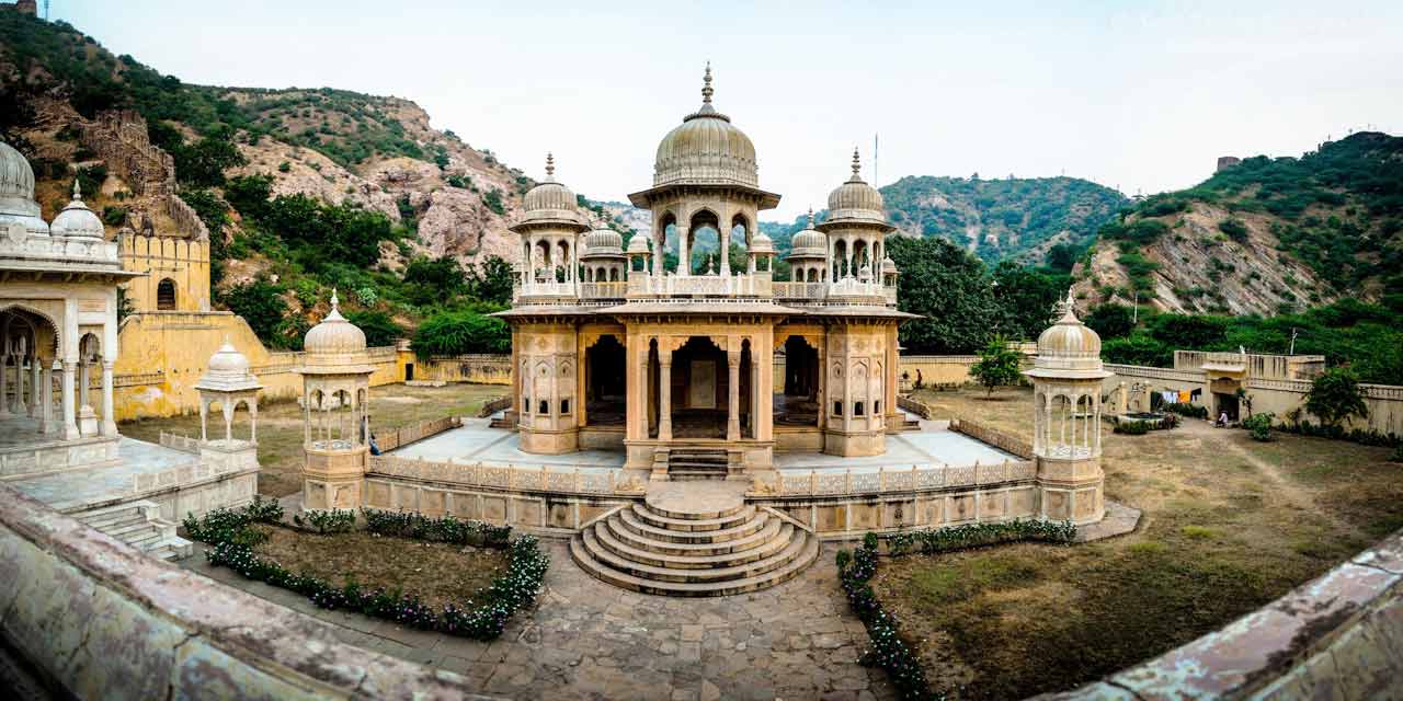 Gaitore Ki Chhatriyan Jaipur with beautifully carved royal cenotaphs and scenic heritage architecture