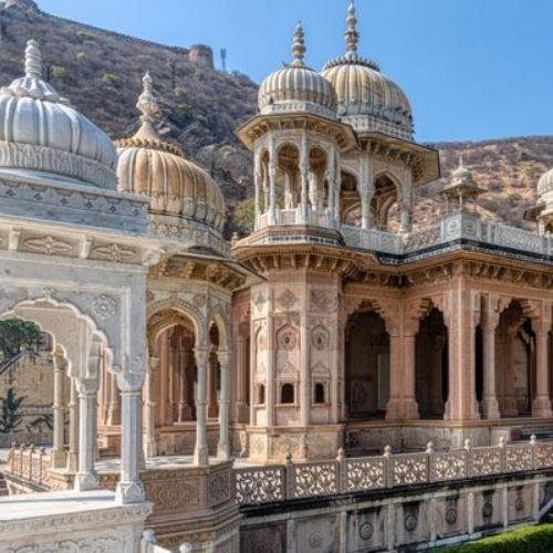Gaitore Ki Chhatriyan Jaipur with beautifully carved royal cenotaphs and scenic heritage architecture