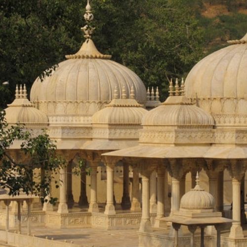 Gaitore Ki Chhatriyan Jaipur with beautifully carved royal cenotaphs and scenic heritage architecture