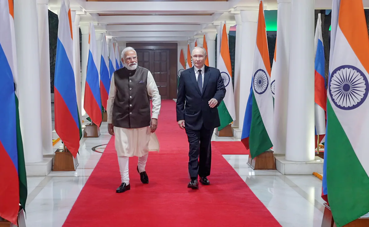 Vladimir Putin with PM Narendra Modi during Russia–India Summit 2025 in New Delhi