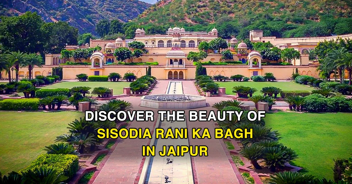 Sisodia Rani Ka Bagh Jaipur with terraced gardens, fountains, and green landscape.